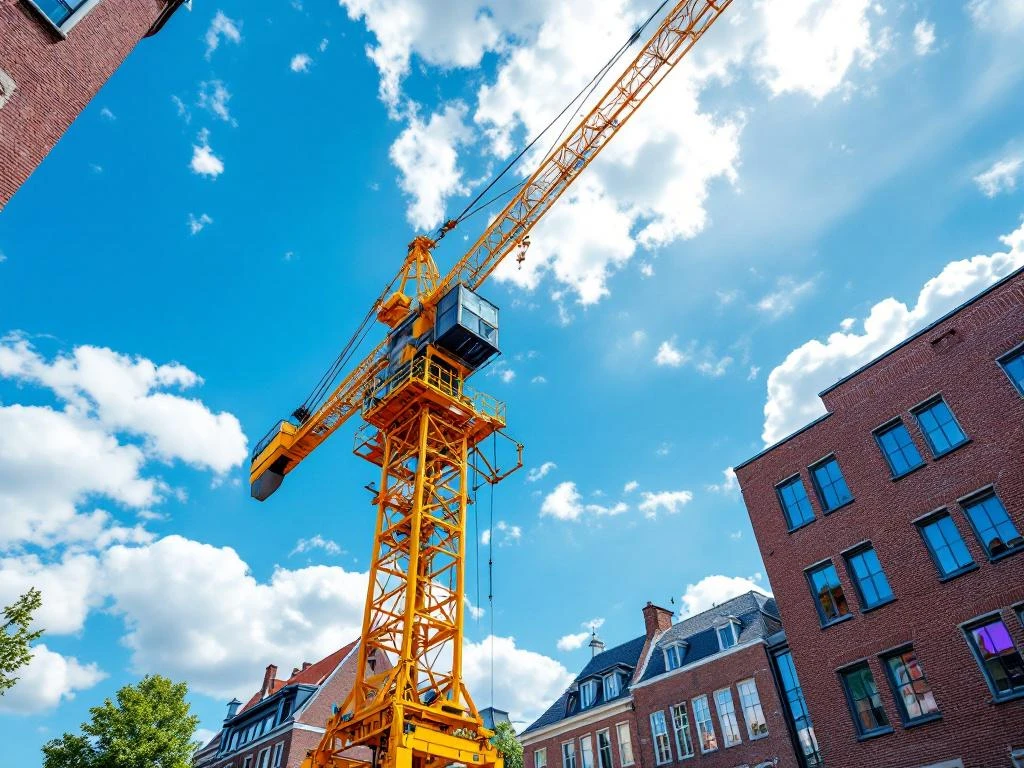 Gele telescoopkraan met uitgeschoven giek tegen blauwe lucht in Nederlandse stad met rode bakstenen gebouwen