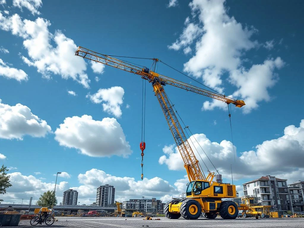 Gele mobiele telescoopkraan in Nederlandse stad met moderne woningen en blauwe hemel op achtergrond