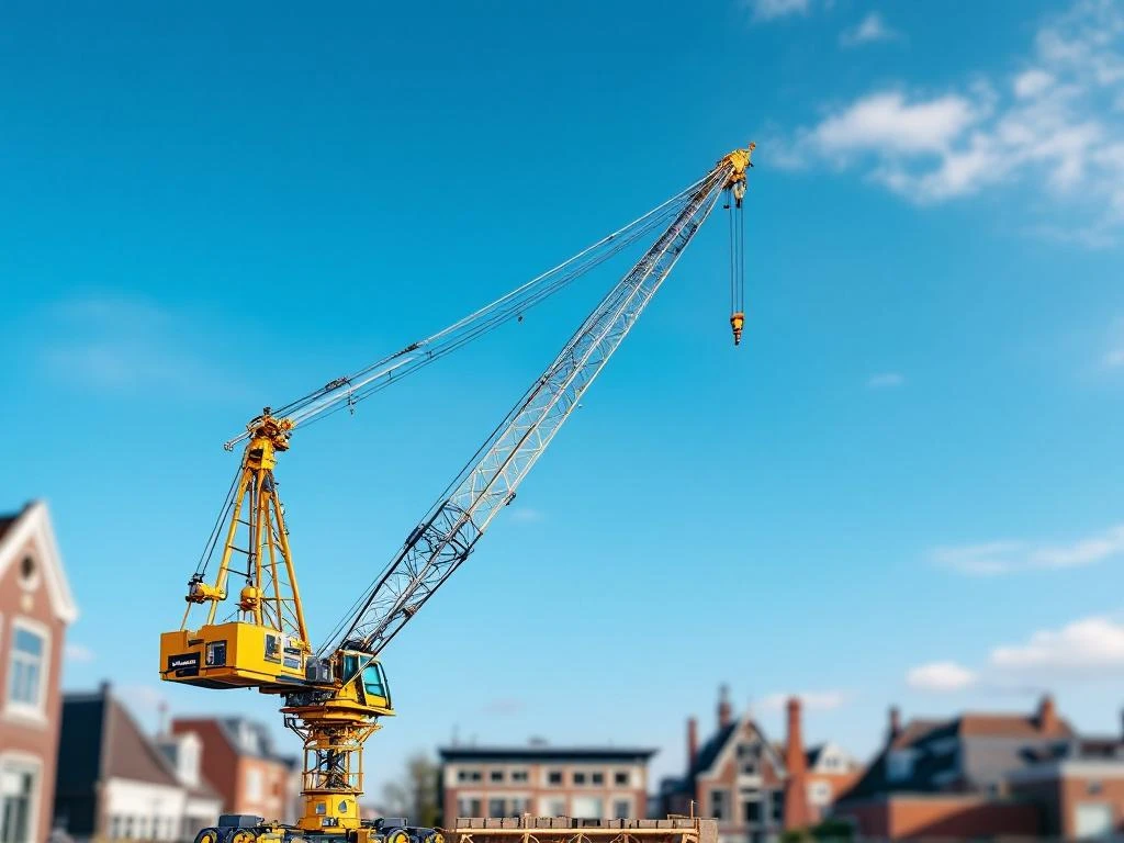 Gele mobiele telescoopkraan met uitgeschoven giek op Nederlandse bouwplaats onder blauwe hemel