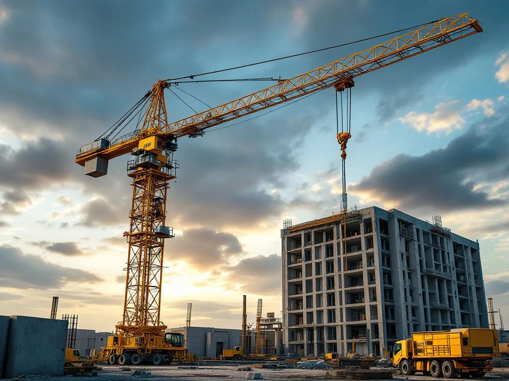 Gele telescoopkraan in actie op professionele bouwplaats met moderne gebouwstructuur en bouwmaterialen