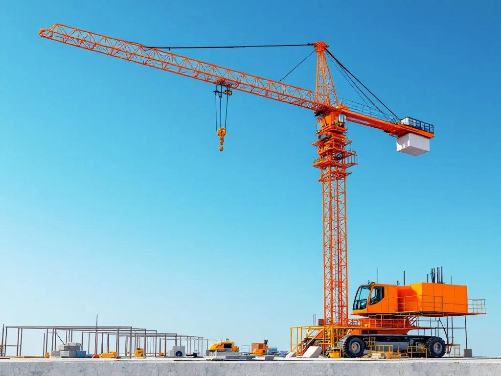 Oranje telescoopkraan hijst materialen op moderne bouwplaats vanuit luchtperspectief tegen blauwe hemel