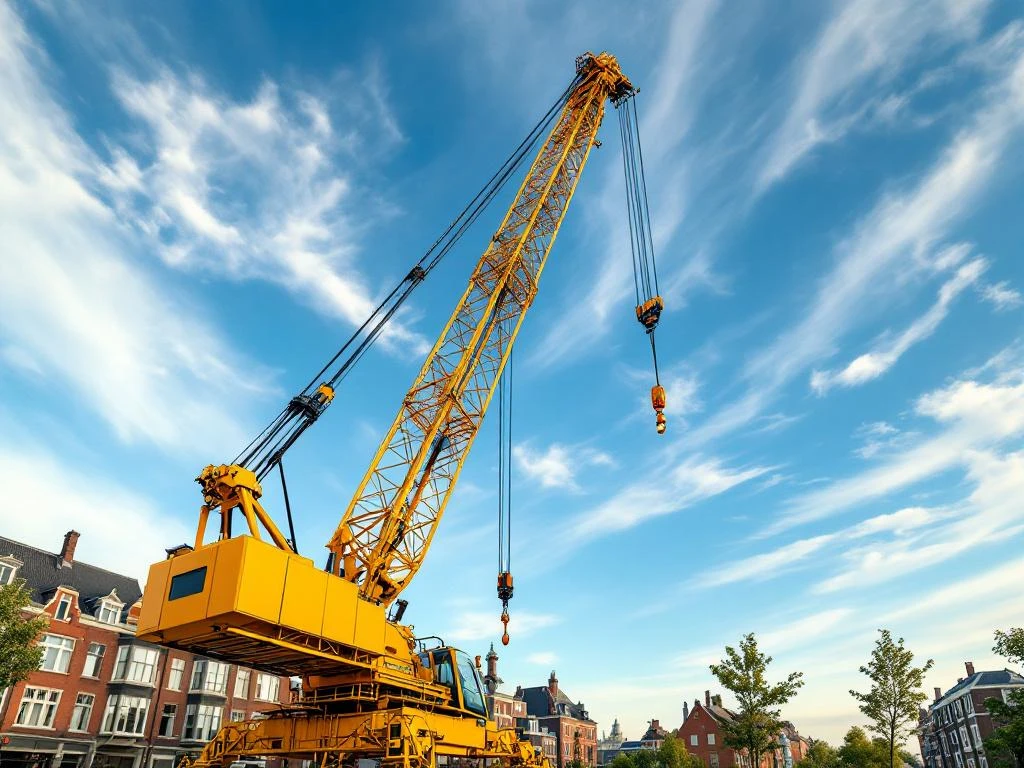Gele telescoopkraan uitgeschoven tegen blauwe hemel in Nederlandse stad met rode bakstenen gebouwen