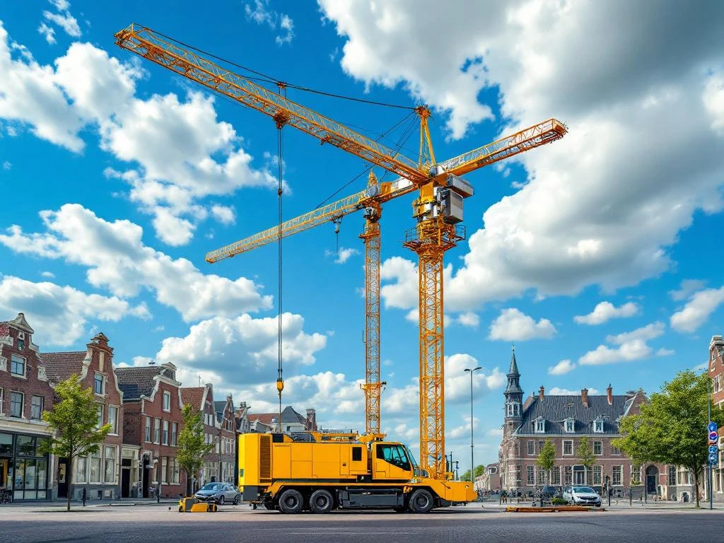 Gele telescoopkraan in Nederlandse stedelijke omgeving met bakstenen gebouwen en blauwe lucht