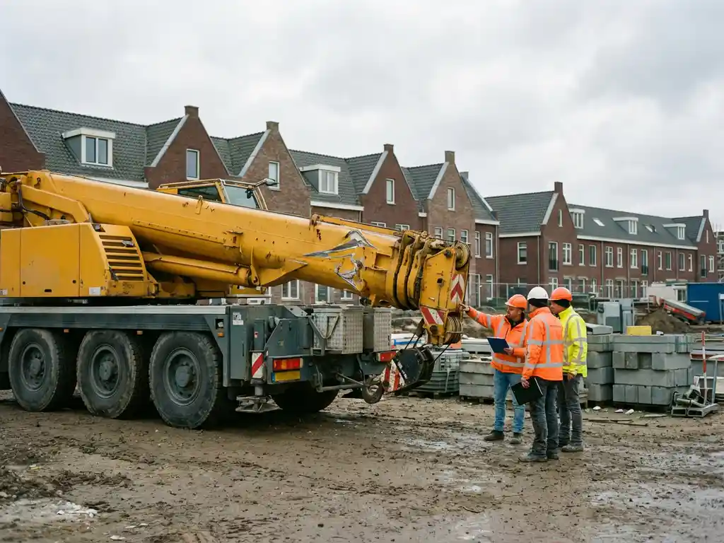 Gele telescoopkraan met beschadigde giekarm op bouwplaats, bouwvakkers in hesjes inspecteren schade met klemborden