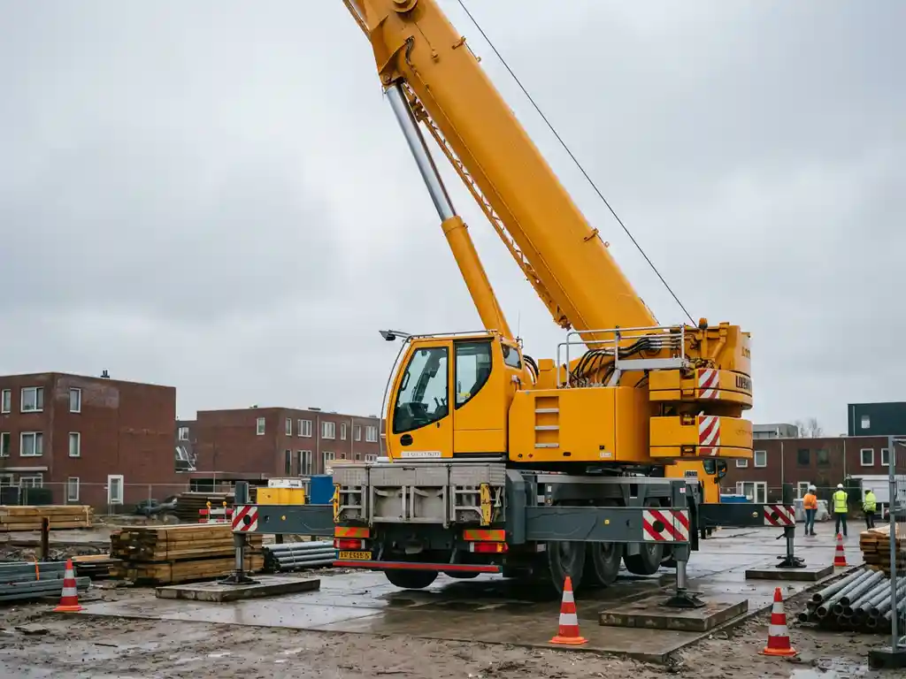Gele mobiele kraan met uitgeschoven telescoopgiek op Nederlandse bouwplaats met veiligheidskegels en bouwmaterialen