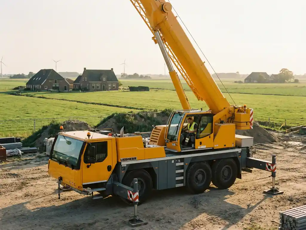 Gele mobiele kraan met uitgeschoven giek op bouwplaats in Nederlandse polder, operator in cabine, boerderijen op achtergrond