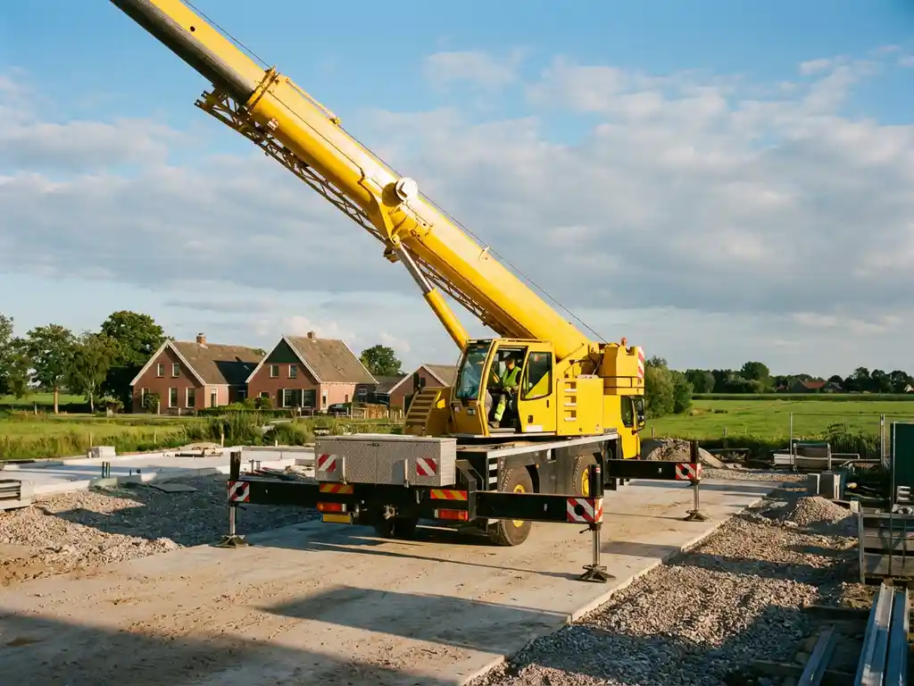 Gele telescopische mobiele kraan met uitgeschoven giek op bouwplaats in Nederlands landschap, operator in cabine zichtbaar