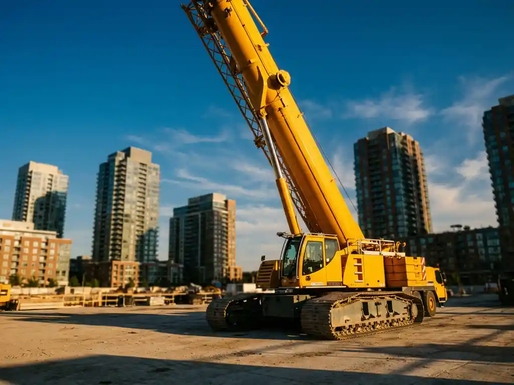 Gele mobiele kraan met uitgeschoven telescoopgiek op Nederlandse bouwplaats, moderne appartementen op achtergrond