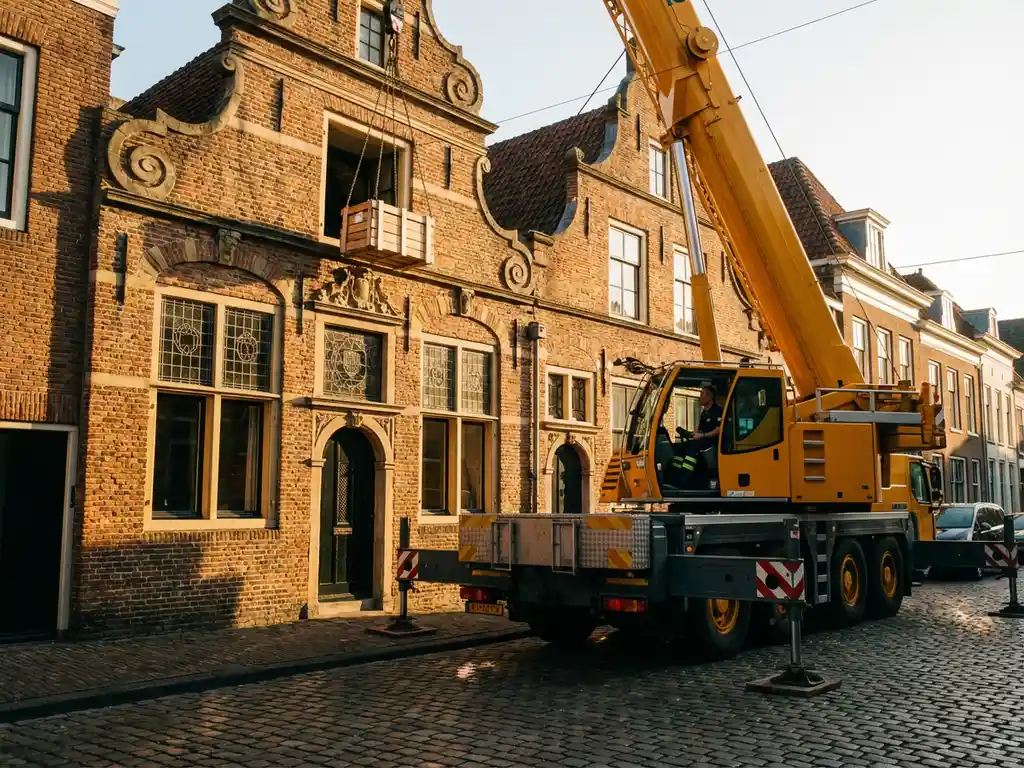Mobiele kraan met uitgeschoven giek naast historisch Nederlands bakstenen gebouw met sierlijke raamkozijnen op kasseienstraat
