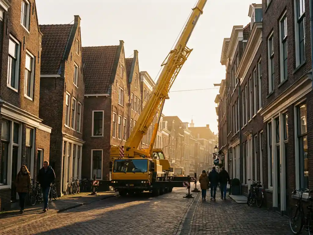Gele mobiele kraan op smalle kasseienstraat tussen traditionele Nederlandse bakstenen gebouwen met rode pannendaken