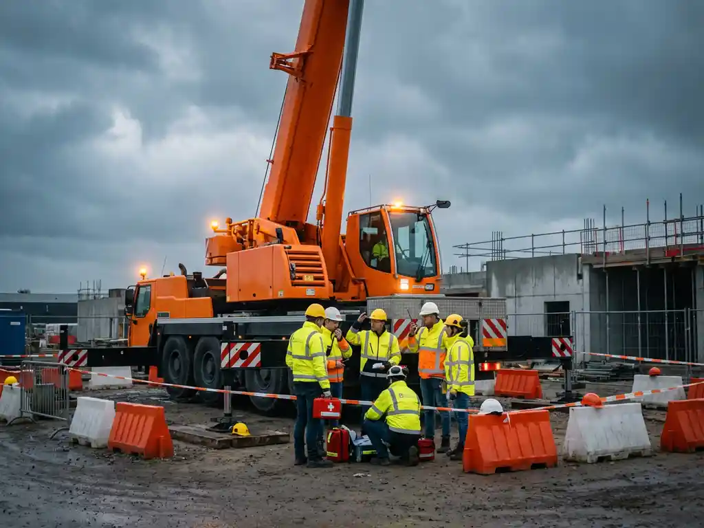 Oranje mobiele kraan met knipperende waarschuwingslichten op Nederlandse bouwplaats, veiligheidspersoneel in hesjes voert noodprocedures uit