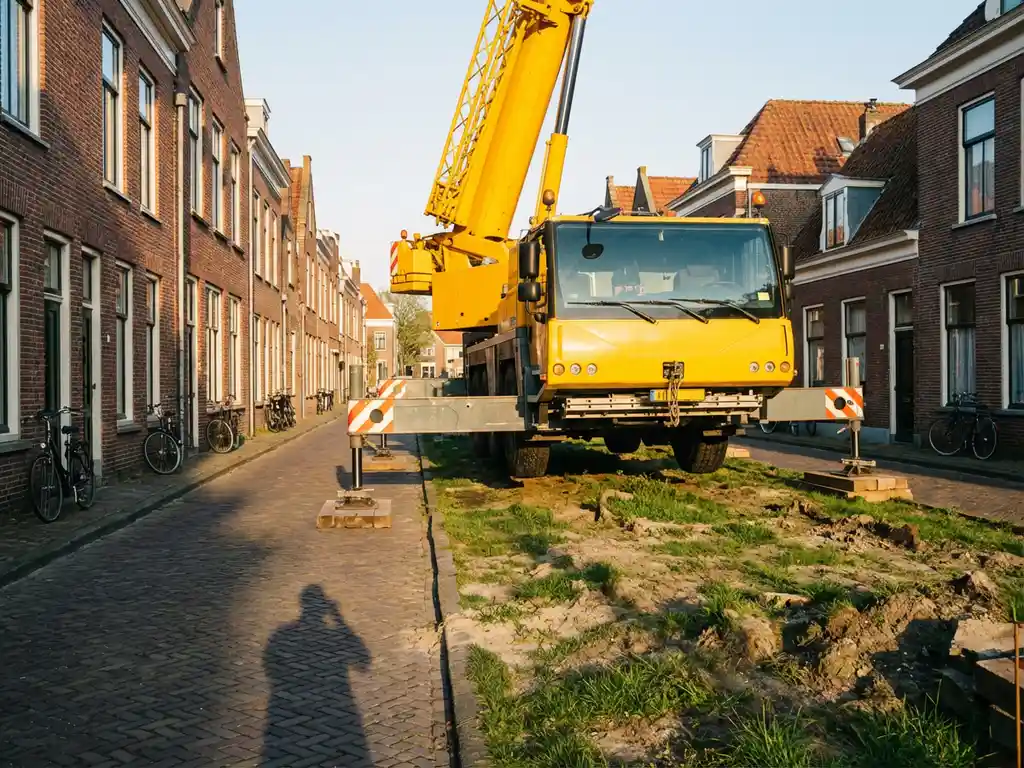 Gele mobiele kraan op ongelijk grasland naast smalle Nederlandse straat met uitgeschoven stempels, bakstenen huizen op achtergrond