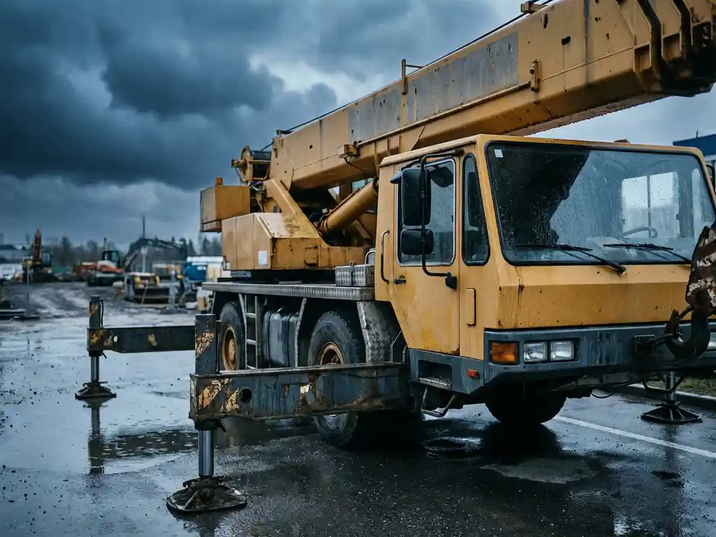 Gele mobiele kraan op nat asfalt met dramatische onweerswolken en regendruppels op metalen oppervlakken