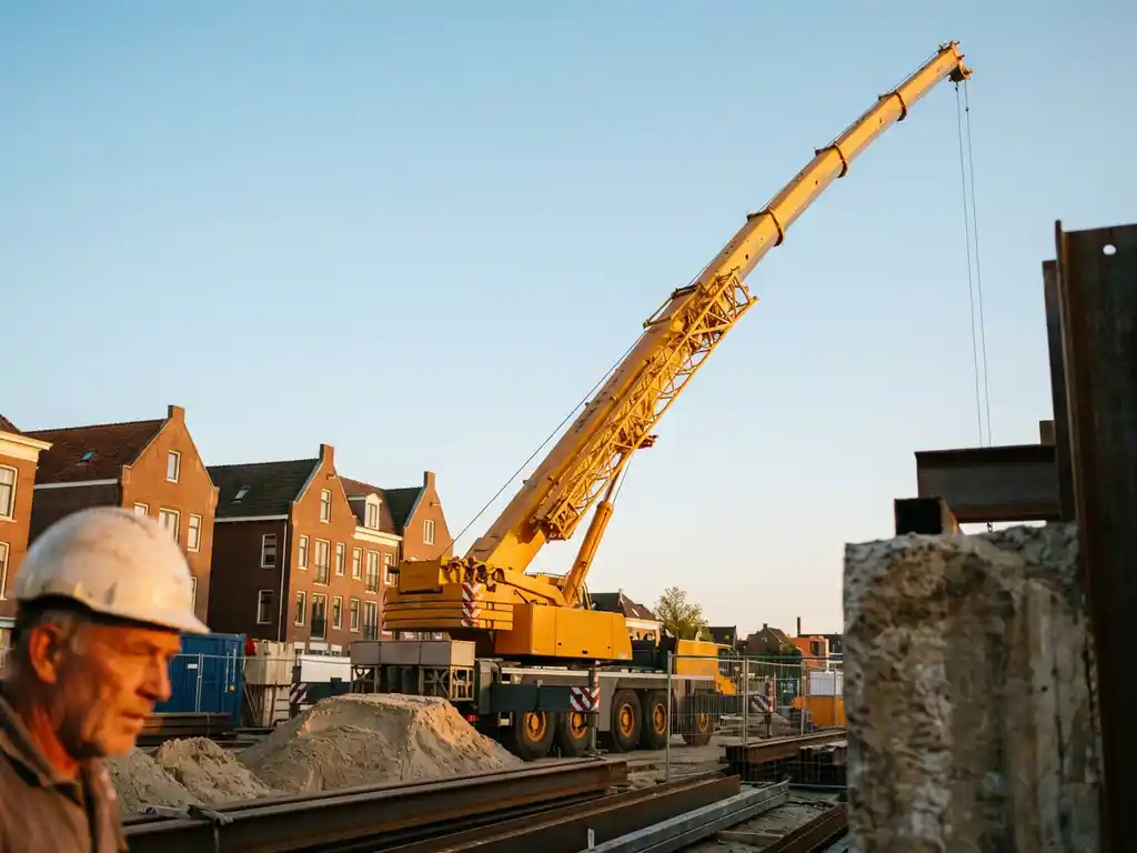 Gele mobiele kraan met uitgeschoven telescopische giek tegen heldere hemel op bouwplaats met traditionele Nederlandse bakstenen gebouwen