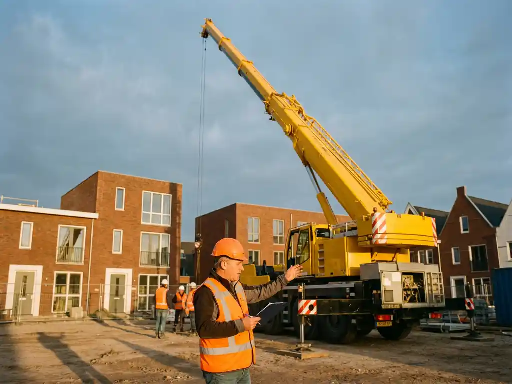 Gele mobiele hijskraan met uitgeschoven giek op Nederlandse bouwplaats, technicus in veiligheidsvest inspecteert bedieningspaneel