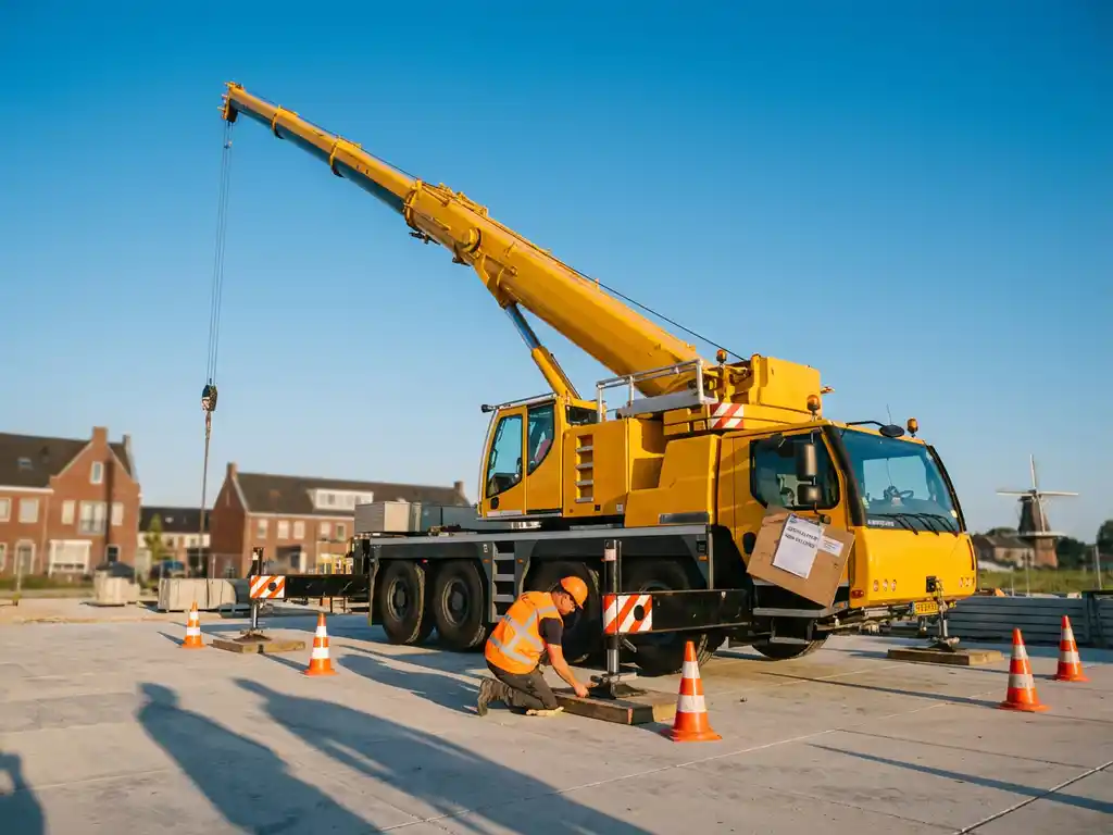 Gele mobiele kraan met uitgeschoven telescooparm op Nederlandse bouwplaats, operator in veiligheidsvest inspecteert apparatuur