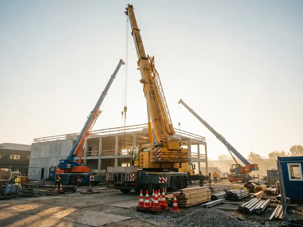Grote gele telescoopkraan met uitgeschoven giek op Nederlandse bouwplaats, omringd door twee kleinere mobiele kranen bij betonnen gebouwframe tijdens gouden uur