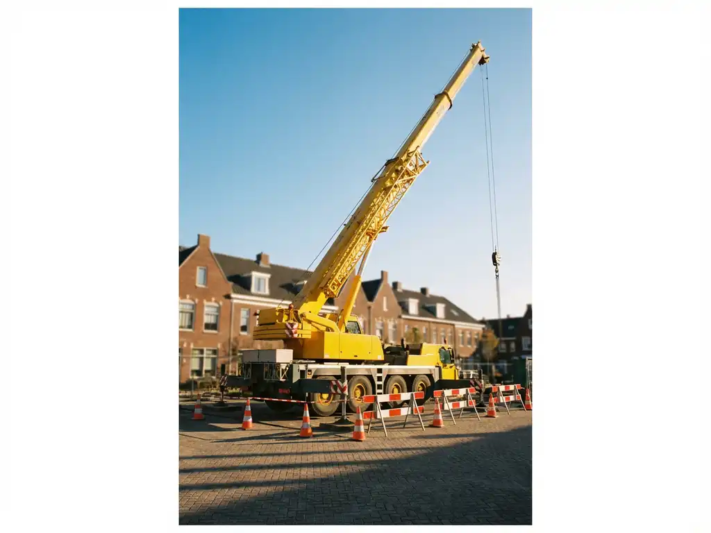 Gele mobiele telescoopkraan met uitgeschoven giek op Nederlandse bouwplaats met oranje veiligheidskegels en woonhuizen op achtergrond