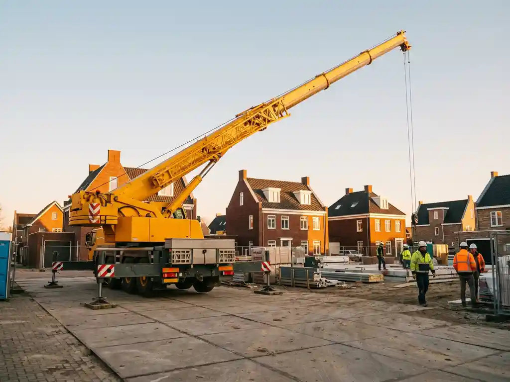 Gele mobiele telescoopkraan met uitgeschoven giek op bouwplaats met traditionele Nederlandse bakstenen huizen op achtergrond