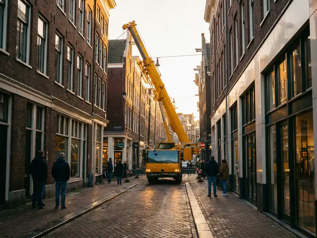 Gele telescoopkraan manoeuvreert door smalle Amsterdamse straat tussen historische bakstenen gevels en moderne winkels