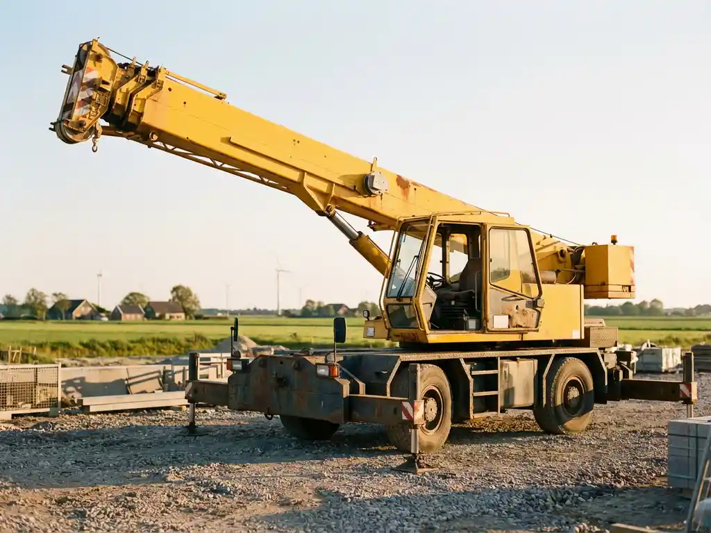 Gele mobiele telescoopkraan met uitgeschoven giek op bouwplaats, open cabinedeur, Nederlandse velden op achtergrond