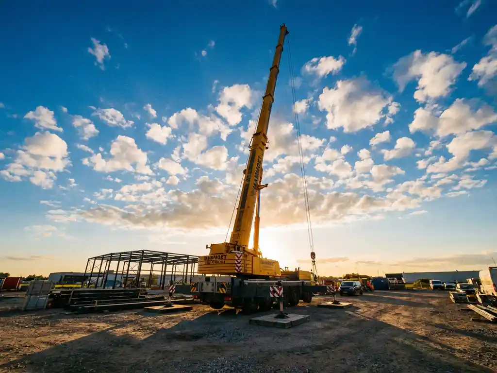 Gele mobiele telescoopkraan met uitgeschoven giek tegen blauwe lucht op bouwplaats met uitklapbare steunen