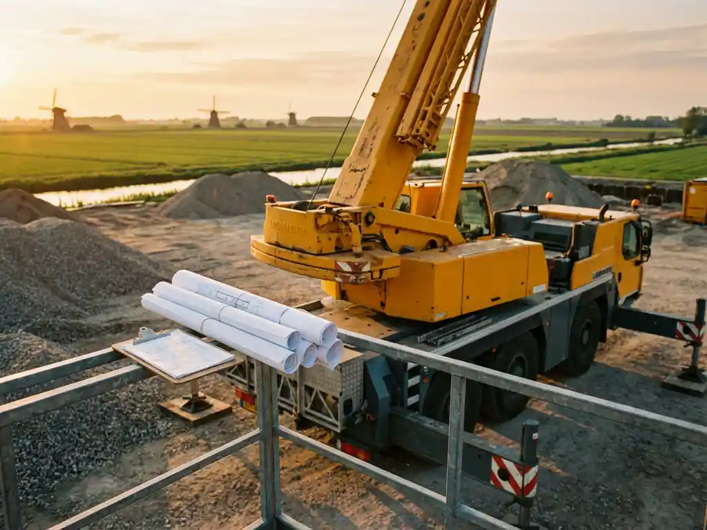 Gele mobiele telescoopkraan op bouwplaats met juridische documenten en klembord op bedieningsplatform, Nederlandse landschap op achtergrond