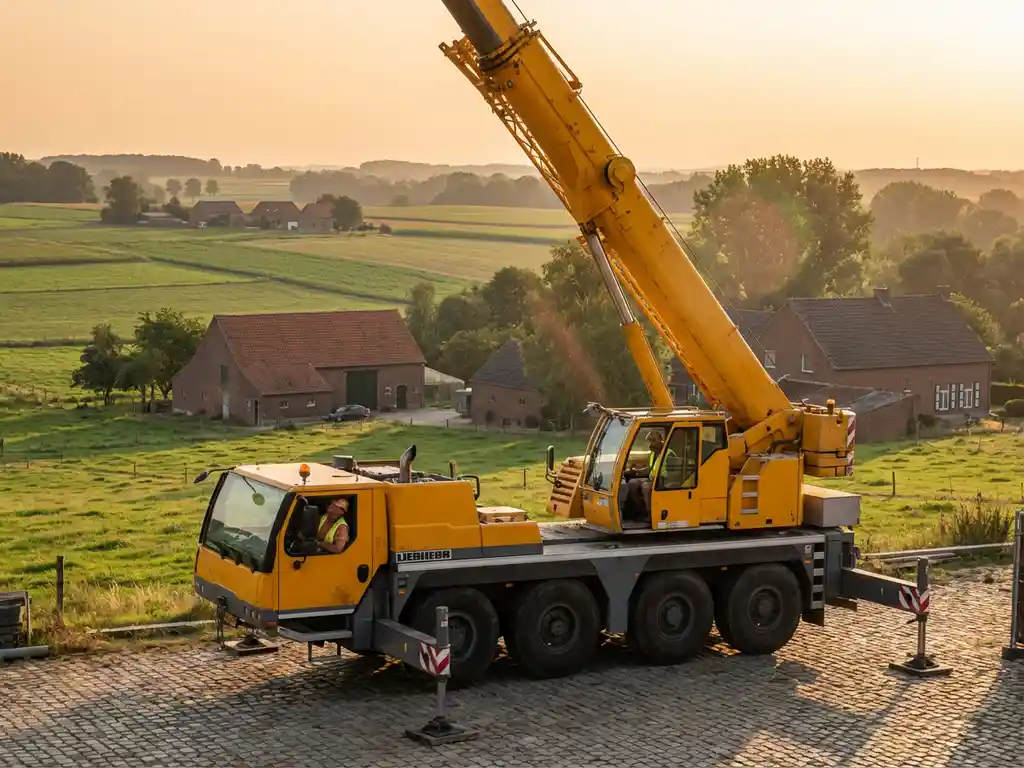 Gele mobiele telescoopkraan met uitgeschoven giek op Nederlandse bouwplaats in Limburgs landschap met groene velden