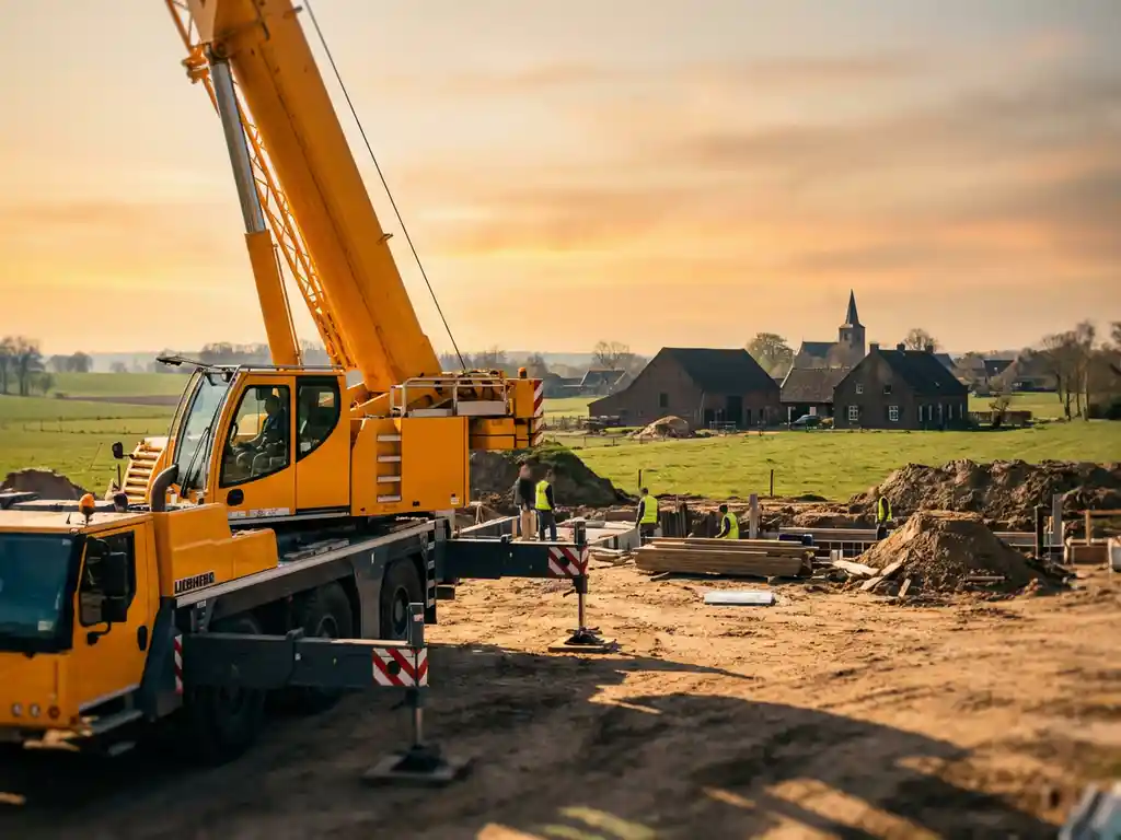 Gele mobiele telescoopkraan met uitgeschoven giek op Nederlandse bouwplaats in Limburgse landschap met bakstenen gebouwen