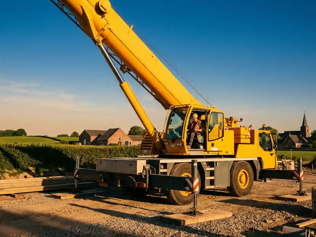 Gele mobiele telescoopkraan met uitgeschoven giek op bouwplaats in Limburgs landschap, machinist bedient besturing in cabine tijdens gouden uur
