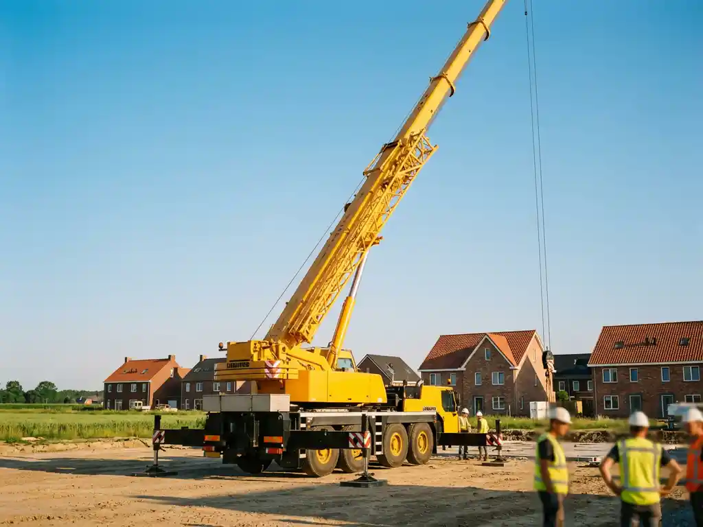 Gele telescoopkraan met uitgeschoven giek op bouwplaats in Nederlandse woonwijk met rode pannendaken