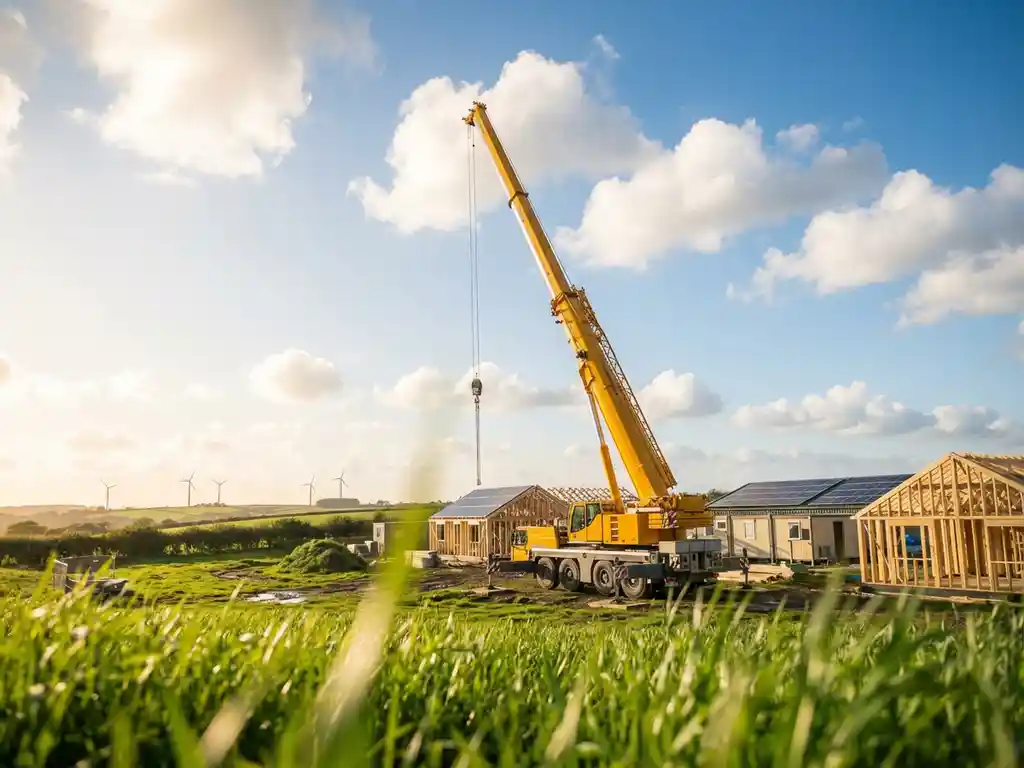 Gele telescoopkraan op groene bouwplaats in Nederlands landschap met zonnepanelen en windmolens op achtergrond