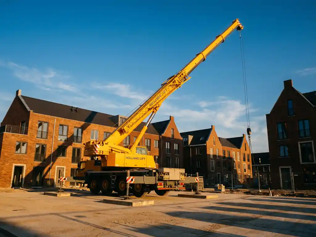 Gele mobiele telescoopkraan met uitgeschoven giek op moderne bouwplaats met bakstenen gebouwen op achtergrond
