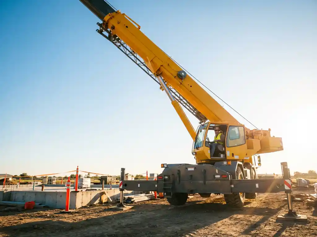 Gele mobiele telescoopkraan met uitgeschoven giek op Nederlandse bouwplaats met betonnen fundering en veiligheidskegels