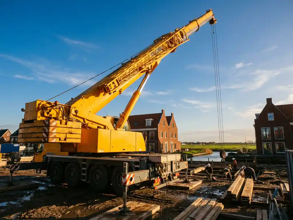 Gele mobiele telescoopkraan met uitgeschoven giek tegen heldere hemel op Nederlandse bouwplaats met bakstenen gebouwen