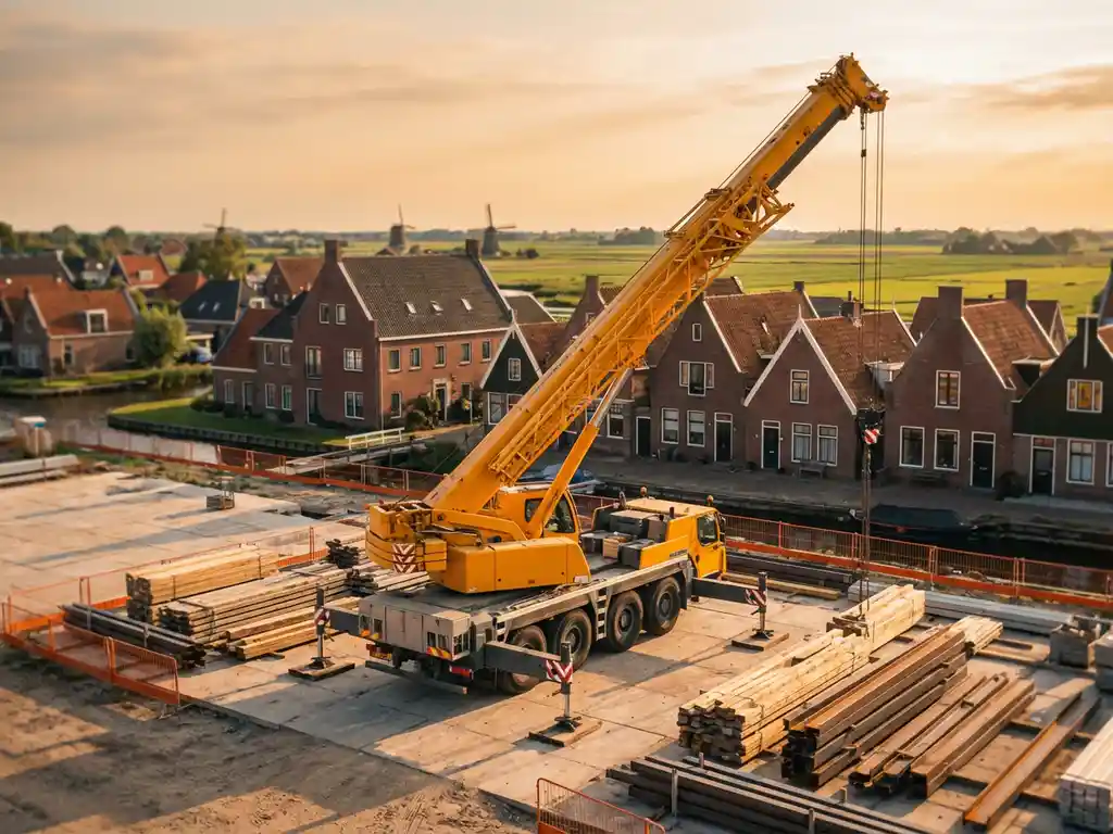 Gele mobiele telescoopkraan met uitgeschoven giek op Nederlandse bouwplaats tussen bakstenen gebouwen en groen landschap