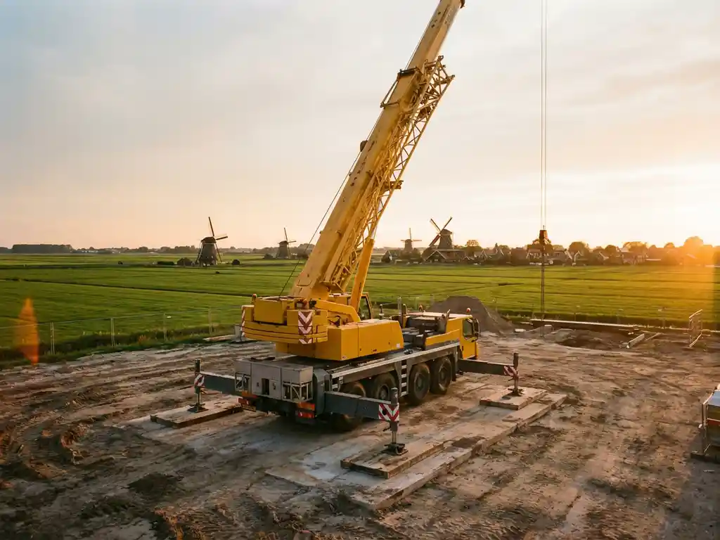 Gele mobiele telescoopkraan met uitgeschoven giek op Nederlandse bouwplaats met groene velden en windmolens op achtergrond