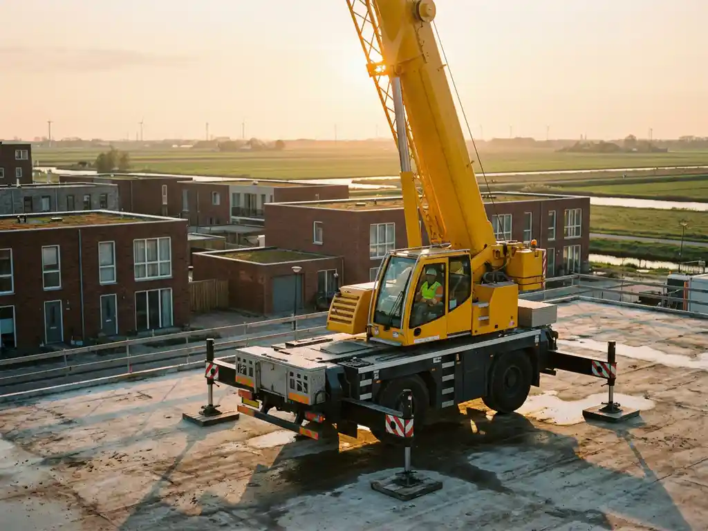 Gele mobiele telescoopkraan met uitgeschoven giek op Nederlandse bouwplaats, bestuurder in cabine zichtbaar, moderne woningen op achtergrond