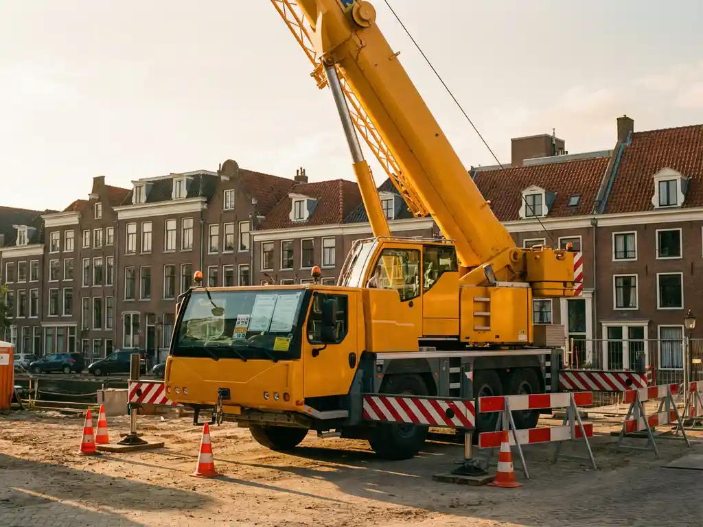 Gele mobiele telescoopkraan op Nederlandse bouwplaats met traditionele rode pannendaken en veiligheidskegels