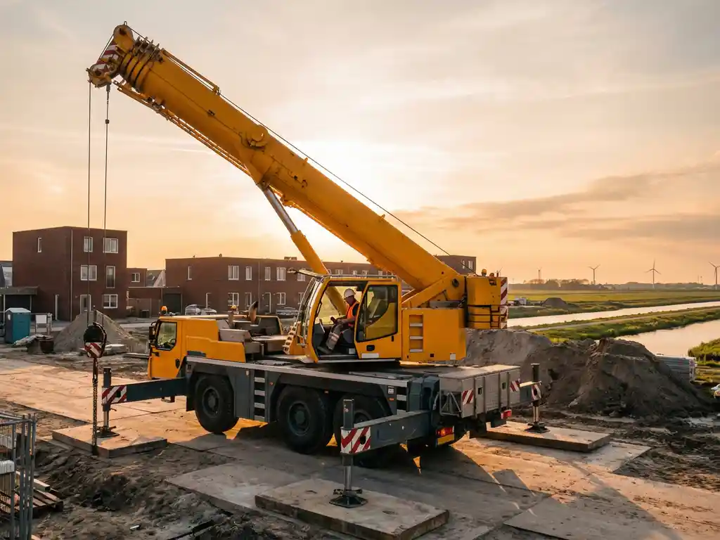 Gele mobiele telescoopkraan met uitgeschoven giek op Nederlandse bouwplaats, operator in cabine, moderne woningen op achtergrond