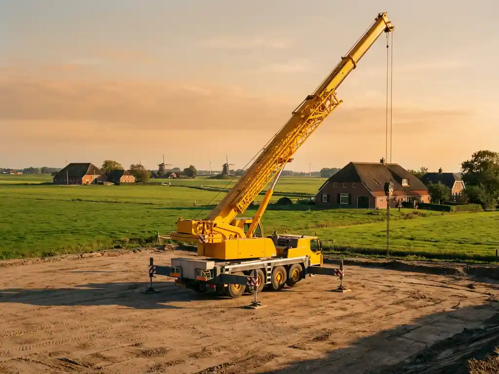 Gele telescoopkraan met uitgeschoven giek op bouwplaats in Nederlands landschap met groene velden en boerderijen