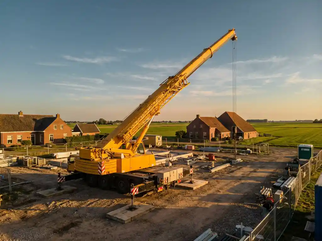 Gele telescoopkraan met uitgeschoven giek op bouwplaats met Nederlandse bakstenen huizen en groene velden op achtergrond