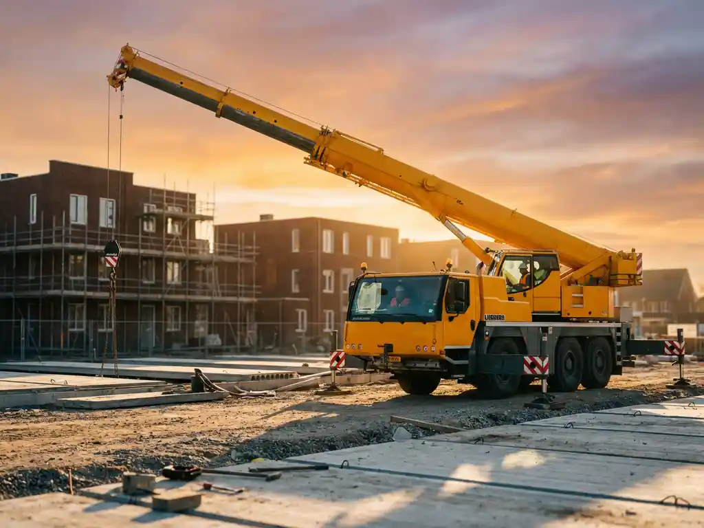 Gele mobiele telescoopkraan met uitgeschoven giek op bouwplaats, moderne Nederlandse woningbouw op achtergrond tijdens gouden uur