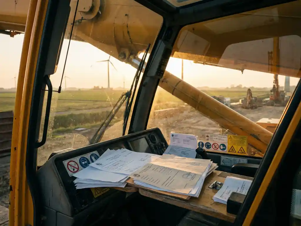 Gele mobiele telescoopkraan op bouwplaats met officiële documenten en veiligheidscertificaten zichtbaar op dashboard in cabine