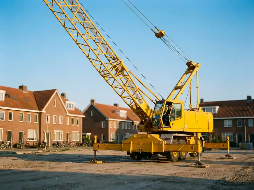Gele mobiele telescoopkraan met uitgeschoven giek op Nederlandse bouwplaats, omringd door woningen met rode dakpannen