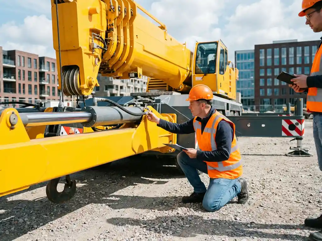 Gele telescoopkraan op bouwplaats met veiligheidsinspecteur in hesje die hydraulische systemen controleert met klembord