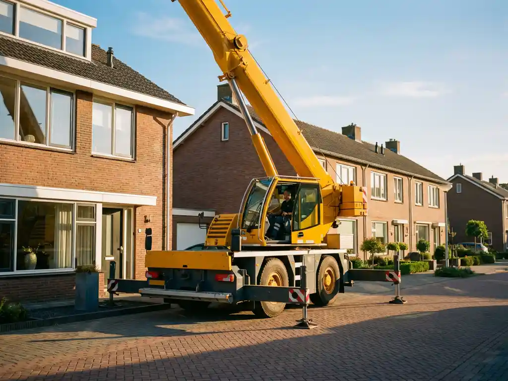 Gele mobiele telescoopkraan met uitgeschoven giek op oprit naast modern Nederlands huis in woonwijk