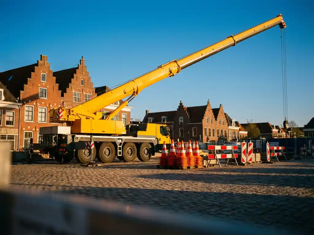 Gele mobiele telescoopkraan op Nederlandse bouwplaats met rode bakstenen gebouwen, giek uitgeschoven onder blauwe hemel