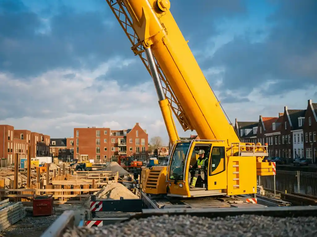 Gele mobiele telescoopkraan met uitgeschoven giek op Nederlandse bouwplaats, operator in veiligheidskledij zichtbaar in cabine