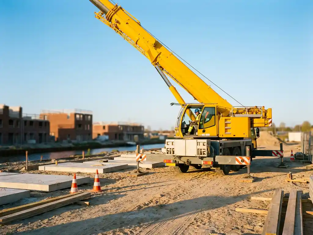 Gele mobiele telescoopkraan met uitgeschoven giek op Nederlandse bouwplaats met betonnen funderingen en oranje verkeerskegels